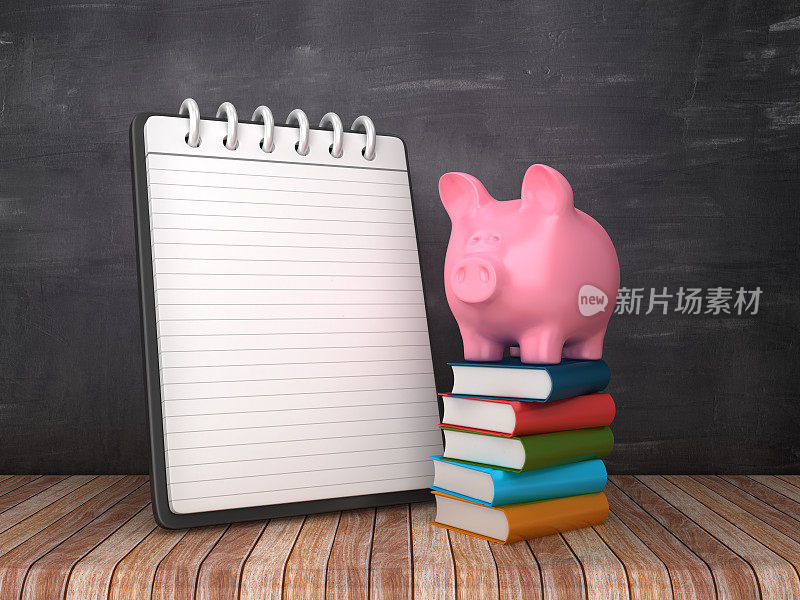 笔记垫与小猪银行在书在黑板背景- 3D渲染